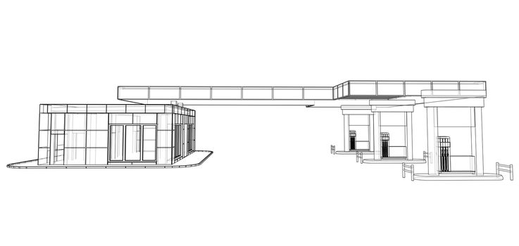 Gas Station. 3d illustration. Blueprint or Wire-frame style