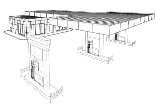 Gas Station. 3d illustration. Blueprint or Wire-frame style