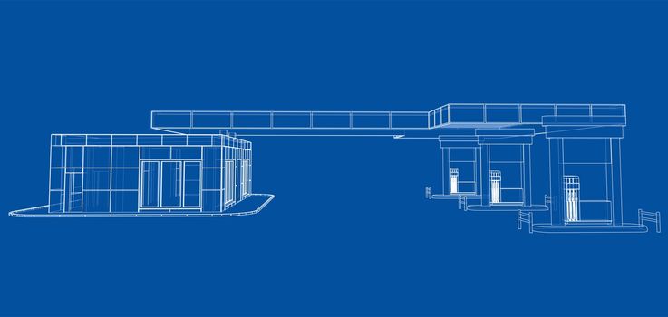 Gas Station. 3d illustration. Blueprint or Wire-frame style