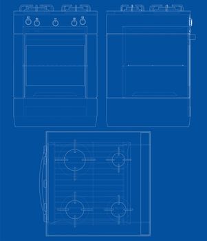 Gas stove concept. 3d illustration. Wire-frame style