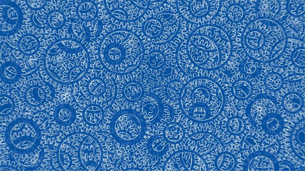 Background consisting of gears. Blueprint Style. 3D Rendering. Architecture Design Background