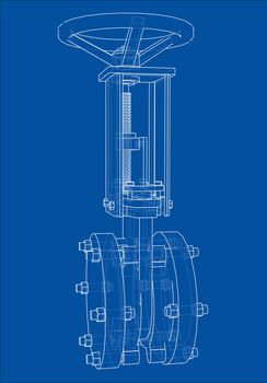 Industrial pipeline gate valve Concept. 3d illustration. Wire-frame style