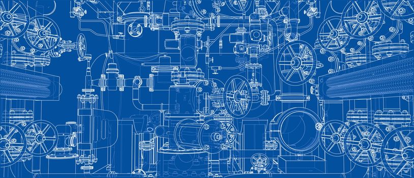 Sketch of industrial equipment. 3d illustration. Wire-frame style