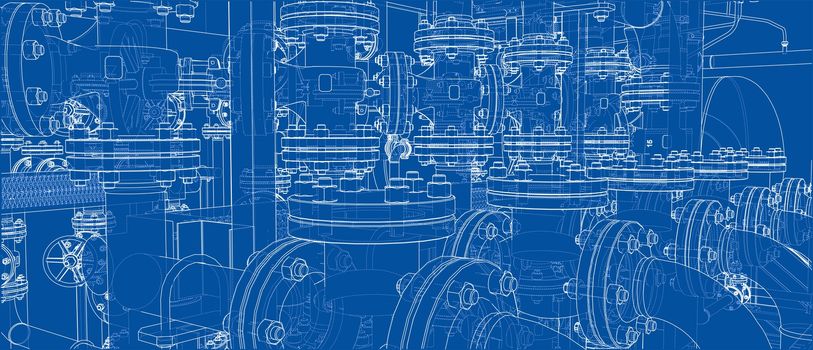 Sketch of industrial equipment. 3d illustration. Wire-frame style