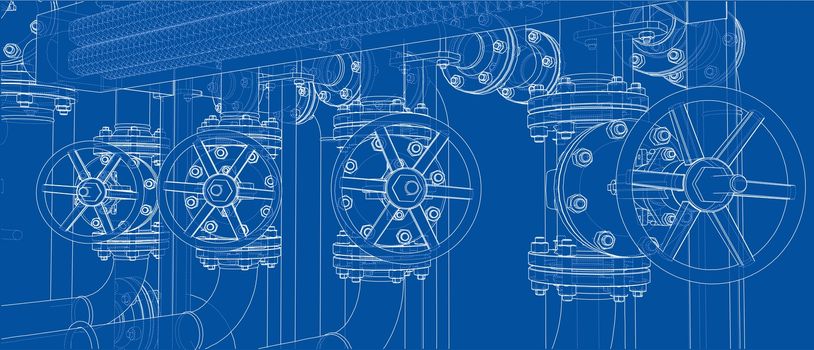 Sketch of industrial equipment. 3d illustration. Wire-frame style