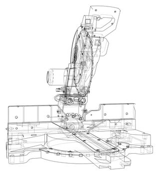 Mitre saw blade concept. 3d illustration. Wire-frame style