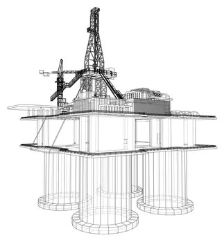 Offshore oil rig drilling platform concept. 3d illustration. Wire-frame style