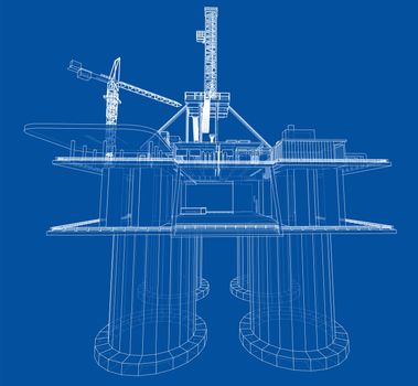 Offshore oil rig drilling platform concept. 3d illustration. Wire-frame style