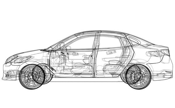 Concept car. 3d illustration. Blueprint or Wire-frame style