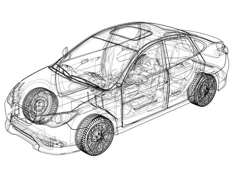 Concept car. 3d illustration. Blueprint or Wire-frame style