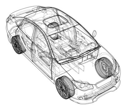 Concept car. 3d illustration. Blueprint or Wire-frame style