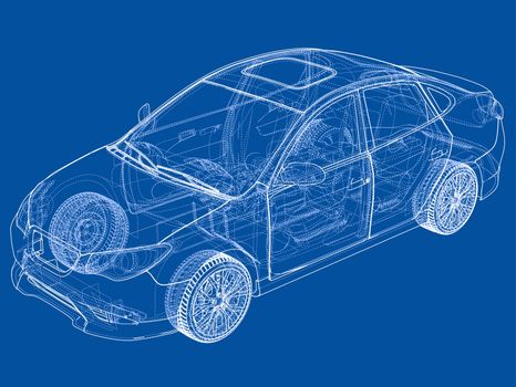 Concept car. 3d illustration. Blueprint or Wire-frame style