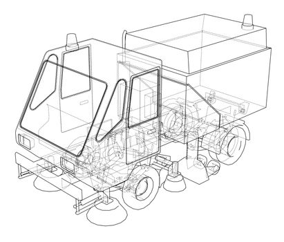 Small Street Clean Truck Concept. 3d illustration. Wire-frame style