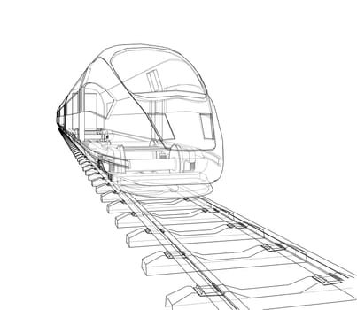 Modern speed train concept. 3d illustration. Wire-frame style