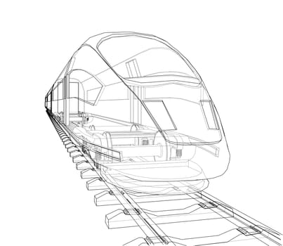 Modern speed train concept. 3d illustration. Wire-frame style