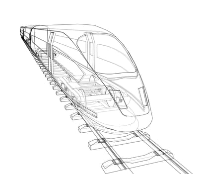 Modern speed train concept. 3d illustration. Wire-frame style