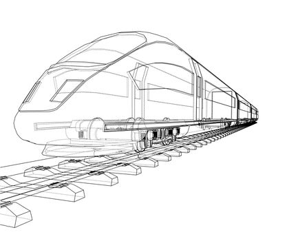 Modern speed train concept. 3d illustration. Wire-frame style