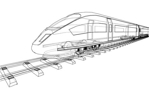 Modern speed train concept. 3d illustration. Wire-frame style