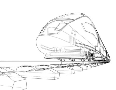 Modern speed train concept. 3d illustration. Wire-frame style