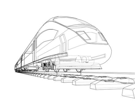 Modern speed train concept. 3d illustration. Wire-frame style