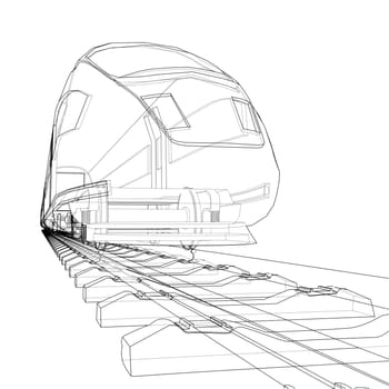 Modern speed train concept. 3d illustration. Wire-frame style