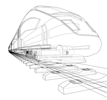 Modern speed train concept. 3d illustration. Wire-frame style