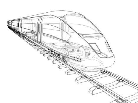 Modern speed train concept. 3d illustration. Wire-frame style