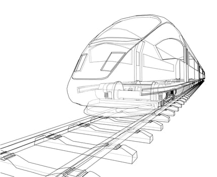 Modern speed train concept. 3d illustration. Wire-frame style