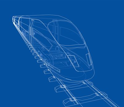 Modern speed train concept. 3d illustration. Wire-frame style