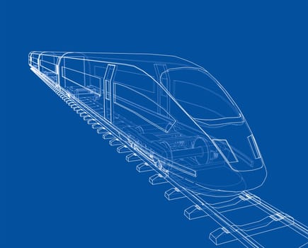 Modern speed train concept. 3d illustration. Wire-frame style