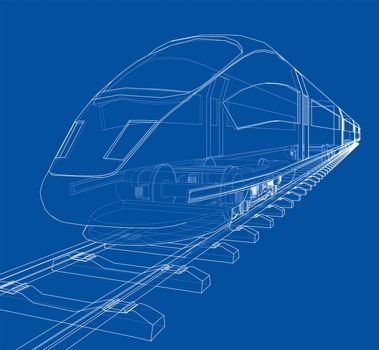 Modern speed train concept. 3d illustration. Wire-frame style