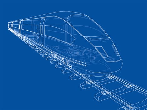 Modern speed train concept. 3d illustration. Wire-frame style