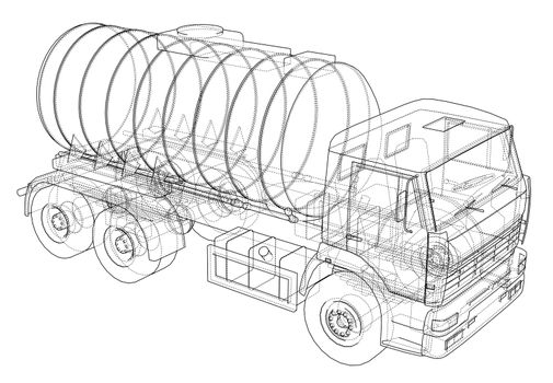 Truck with tank concept. 3d illustration. Wire-frame style