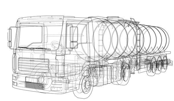 Truck with tank concept. 3d illustration. Wire-frame style