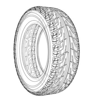 Car tire concept. 3d illustration. Wire-frame style