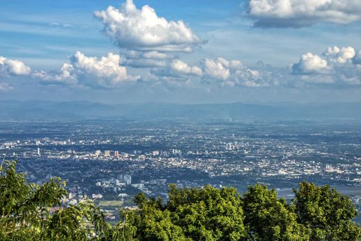 the bird's eye view of Chiang Mai city from Wat Phrathat Doi Suthep in Thailand.