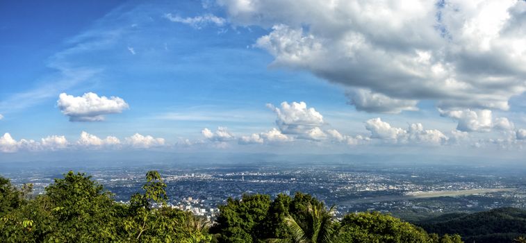 the bird's eye view of Chiang Mai city from Wat Phrathat Doi Suthep in Thailand.