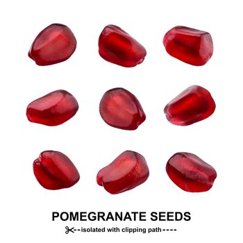 One Pomegranate seed isolated on white background with clipping path, close-up, single