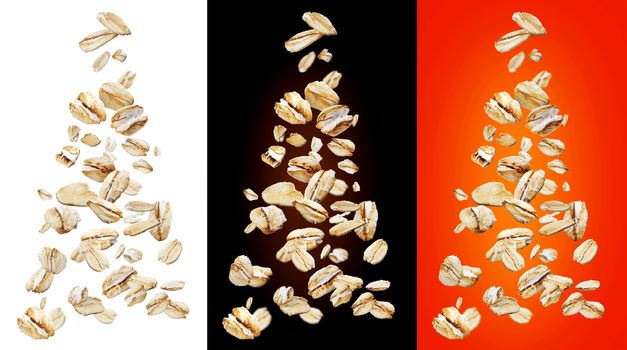 Oat flakes isolated on white, black and red color backgrounds. Falling oats