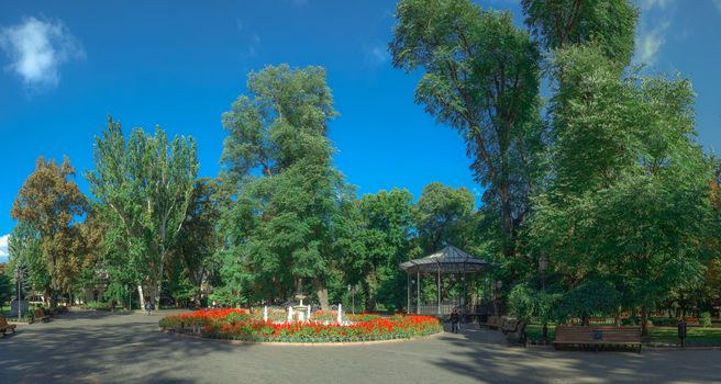 ODESSA, UKRAINE - 09.25.2018. Panoramic view of the Odessa City garden, Ukraine, in a sunny summer morning