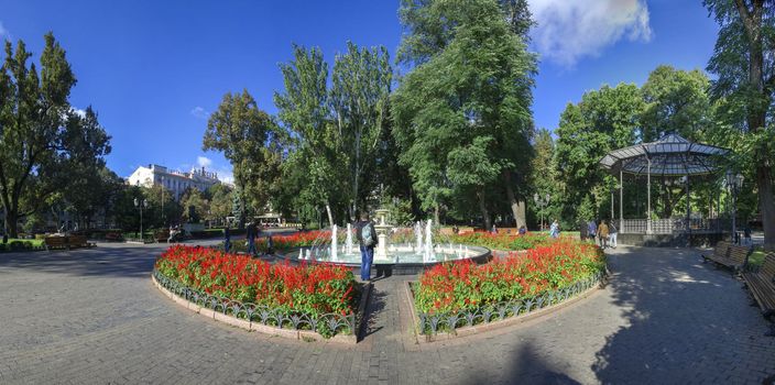 ODESSA, UKRAINE - 09.25.2018. Panoramic view of the Odessa City garden, Ukraine, in a sunny summer morning