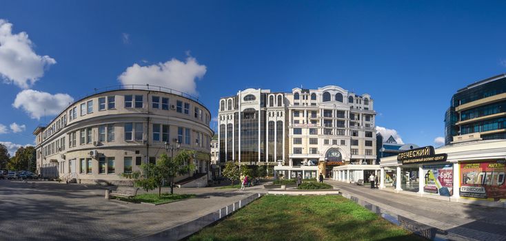 Odessa, Ukraine - 09.25.2018. Greek Square in Odessa, Ukraine. Panoramic view in a sunny morning