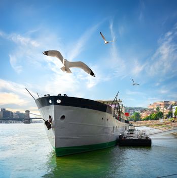 Front view of moored passenger boat in Budapest