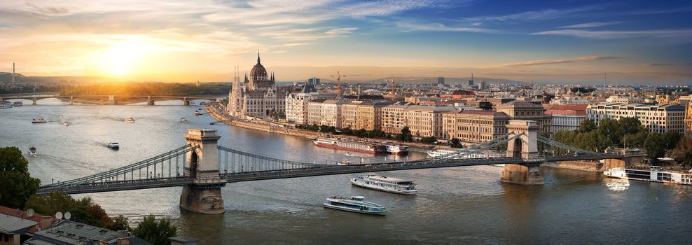 View of Budapest landmarks at beautiful sunset