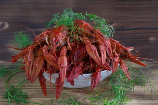 Plate of red boiled crayfishes with claws and fennel on wooden background