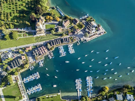 The bird's eye view of the Spiez town of the Switzerland.