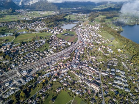 The bird's eye view of the Spiez town of the Switzerland.