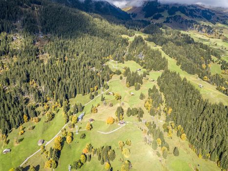 The bird's eye view of the dream like swiss alpine mountain landscape in Grindelwald of Switzerland.