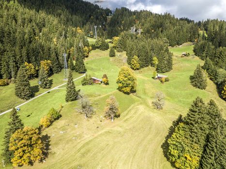 The bird's eye view of the dream like swiss alpine mountain landscape in Grindelwald of Switzerland.