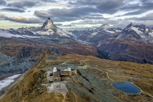 the bird's eye view of the Matterhorn and the observatory in Gornergrat, Zermatt of Switzerland.